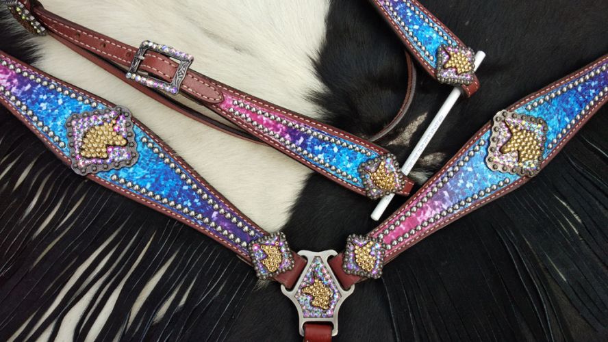 Showman Galaxy print browband headstall and breastcollar set with unicorn conchos and black suede leather fringe #5